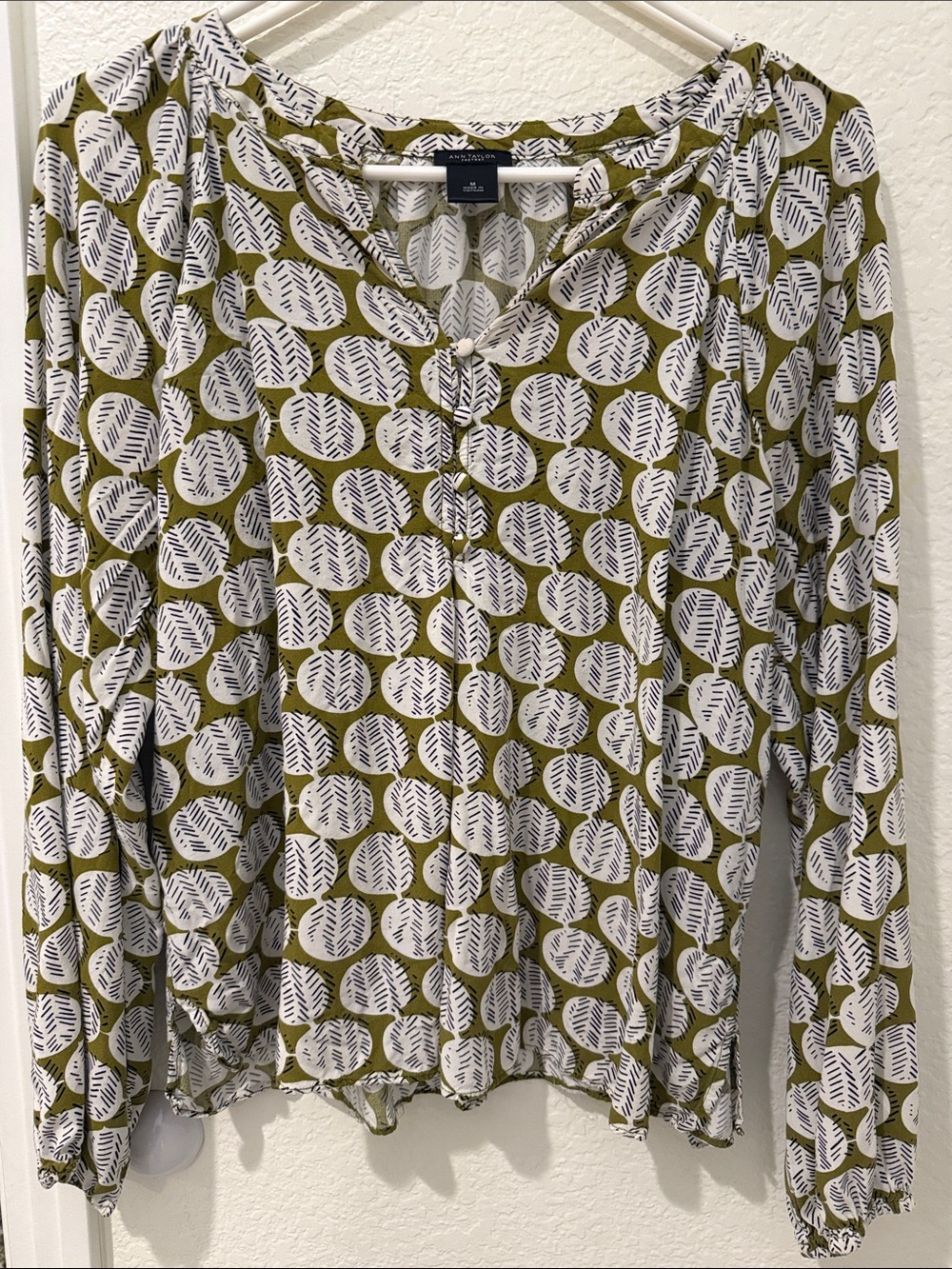Ann Taylor Olive & White Printed Tie-Neck Peasant Top